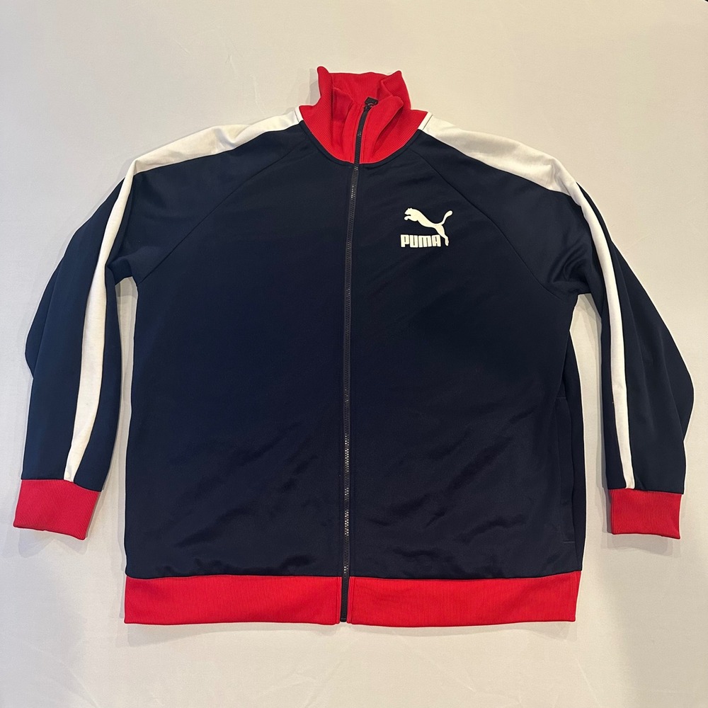 Puma Mens T7 Track Jacket Full Zip Colorblock Navy Red White Size 3XL Retro